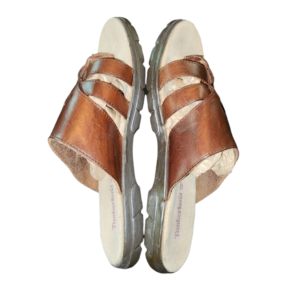 Timberland Leather Lined‎ Brown Genuine Leather Slide On Thong Sandals Size 10 - Picture 6 of 11